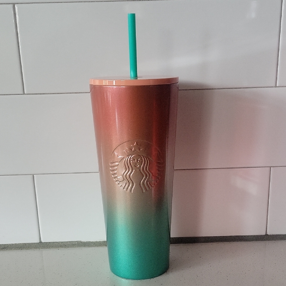 Starbucks 2020 Watermelon Peach Teal Metallic Ombre Stainless Steel 24oz Tumbler